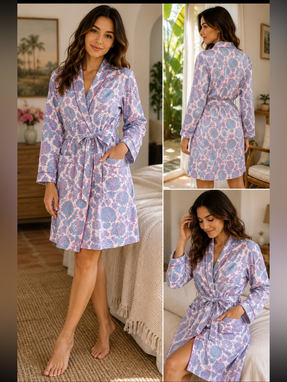 Malabar Bay Organic Cotton Sateen Robe Pink Blue Floral Paisley Belted Lounge